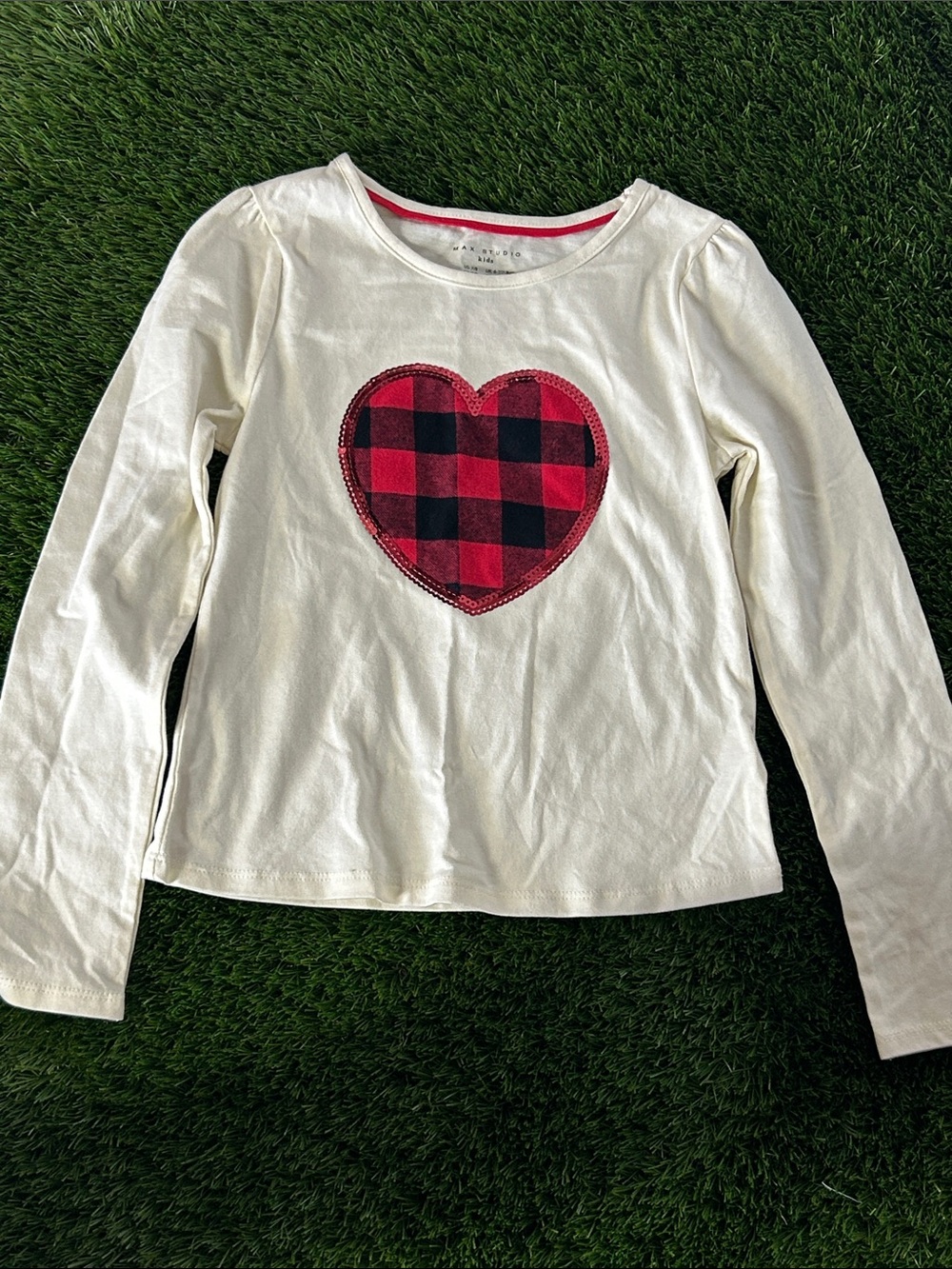 Max Studio Cream Long Sleeve Top with Red and Black Buffalo Plaid Heart